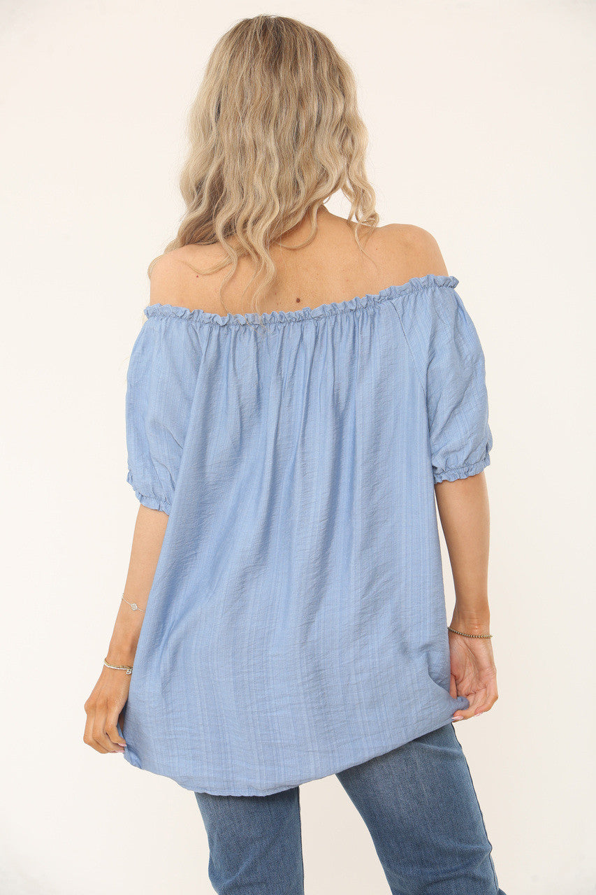 BARDOT GETEXTUREERDE TOP - STAALBLAUW