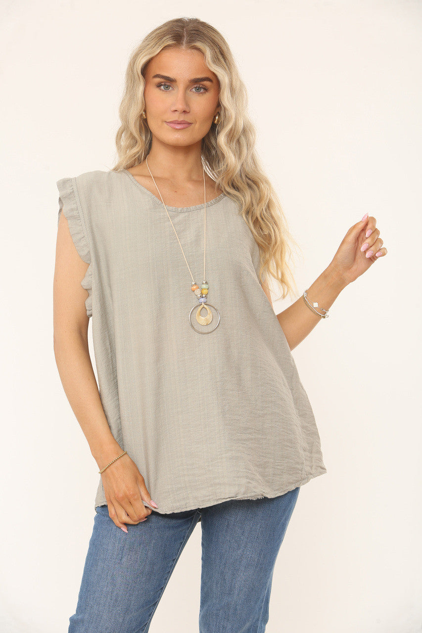 RUFFLE SLEEVE TEXTURED TOP - TAUPE