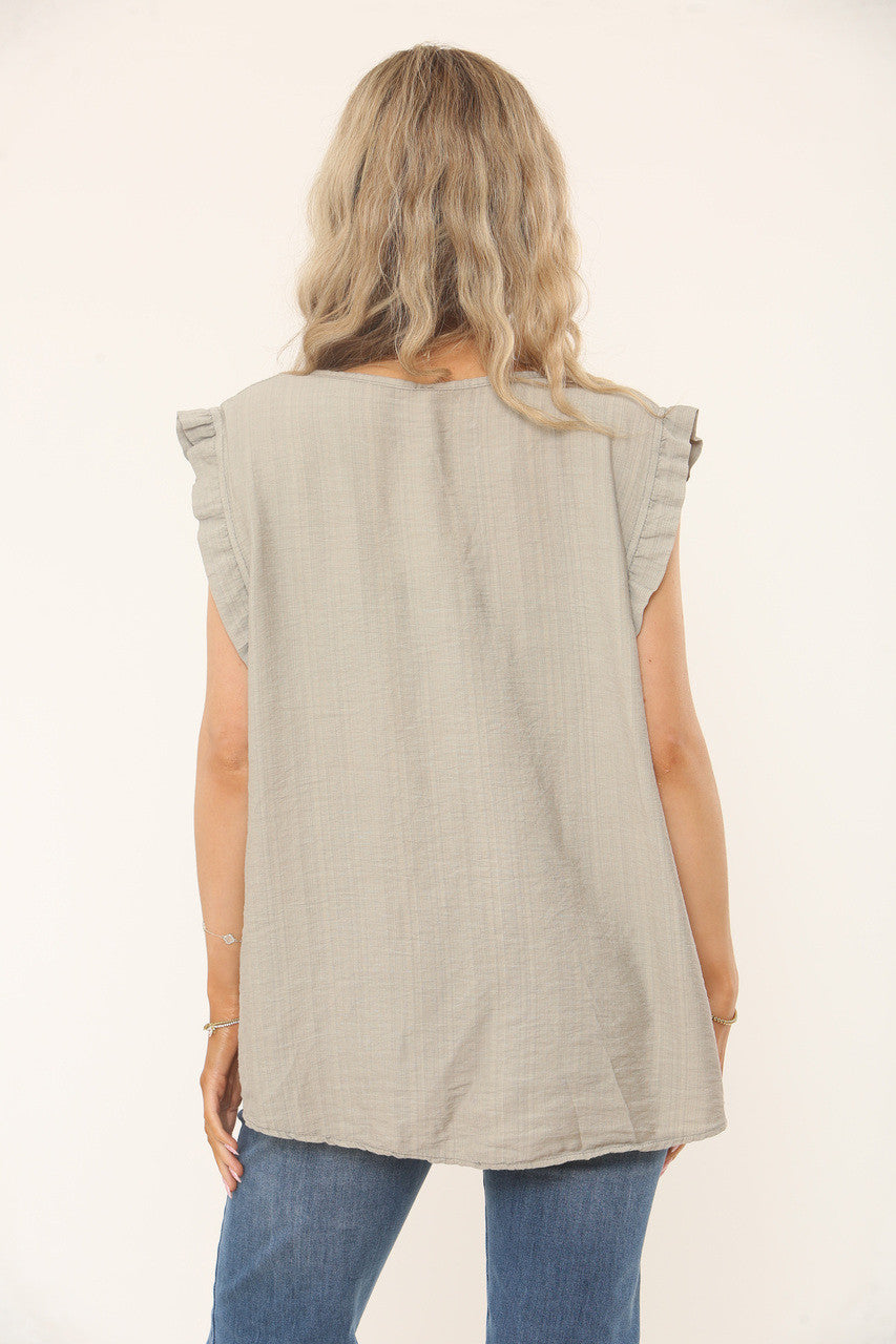 RUFFLE SLEEVE TEXTURED TOP - TAUPE