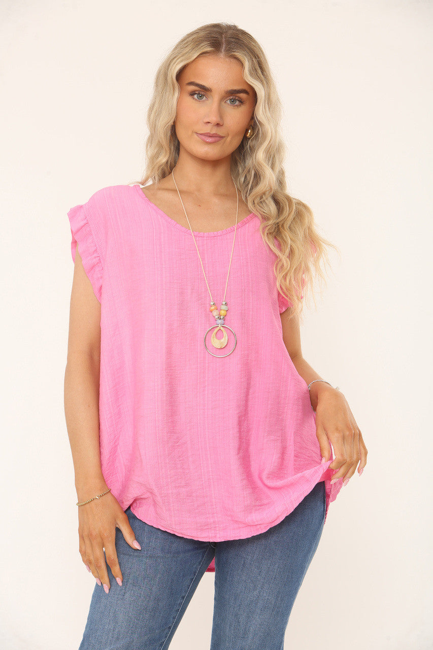 RUFFLE SLEEVE TEXTURED TOP - FUCHSIA PINK