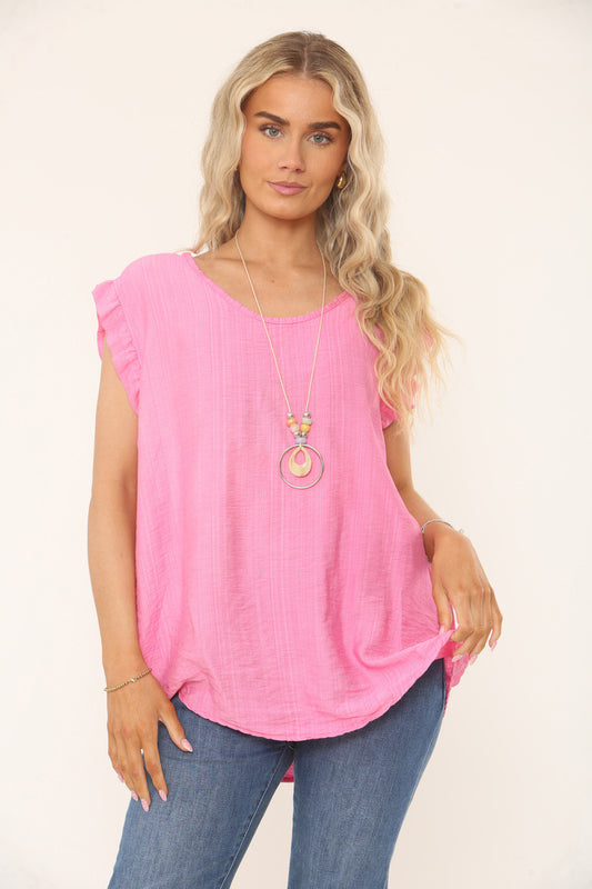 Fuchsia pink textured top with ruffle sleeves and scoop neckline
