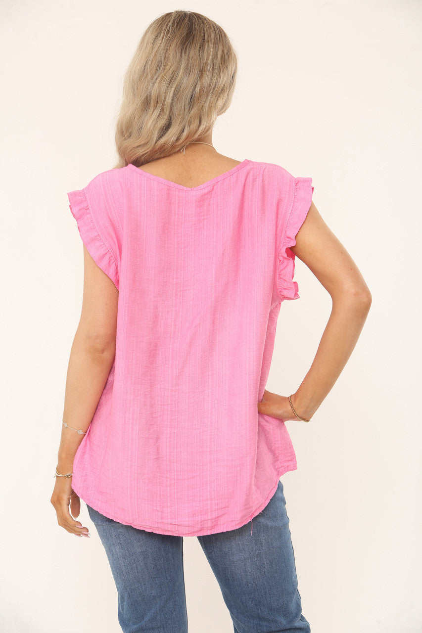RUFFLE SLEEVE TEXTURED TOP - FUCHSIA PINK
