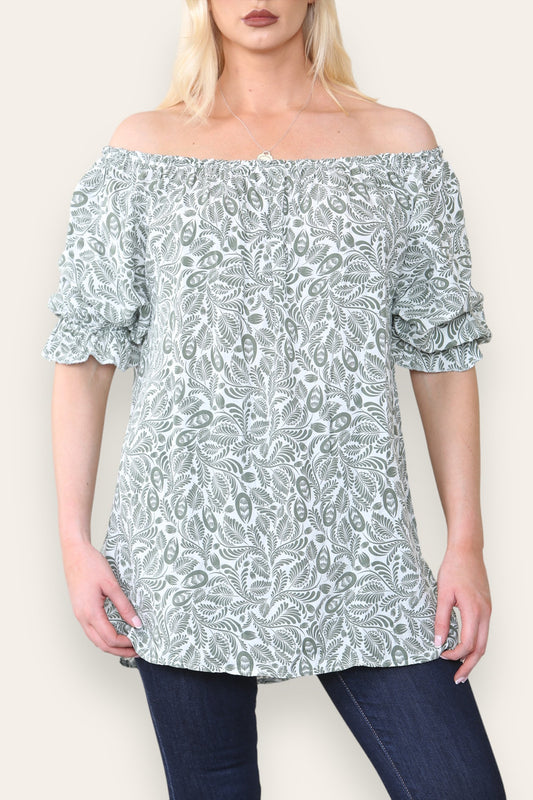 DITSY LEAF PRINT BARDOT BLOUSE TOP KHAKI