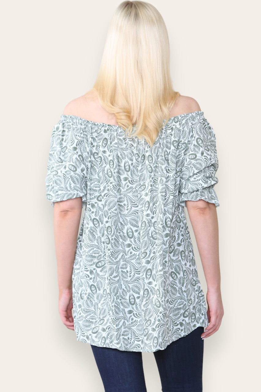 DITSY LEAF PRINT BARDOT BLOUSE TOP KHAKI