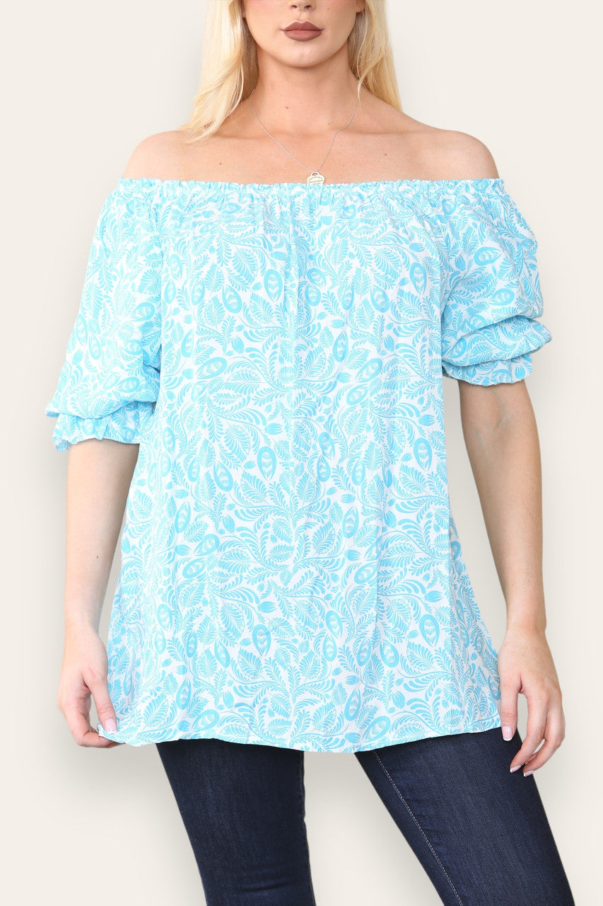 DITSY LEAF PRINT BARDOT BLOUSE TOP TURQUOISE