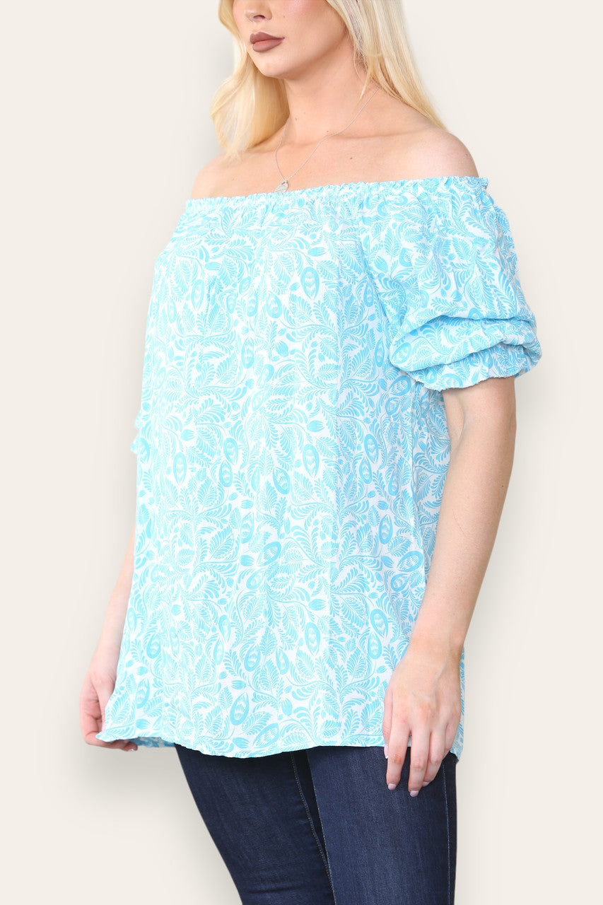 DITSY LEAF PRINT BARDOT BLOUSE TOP TURQUOISE