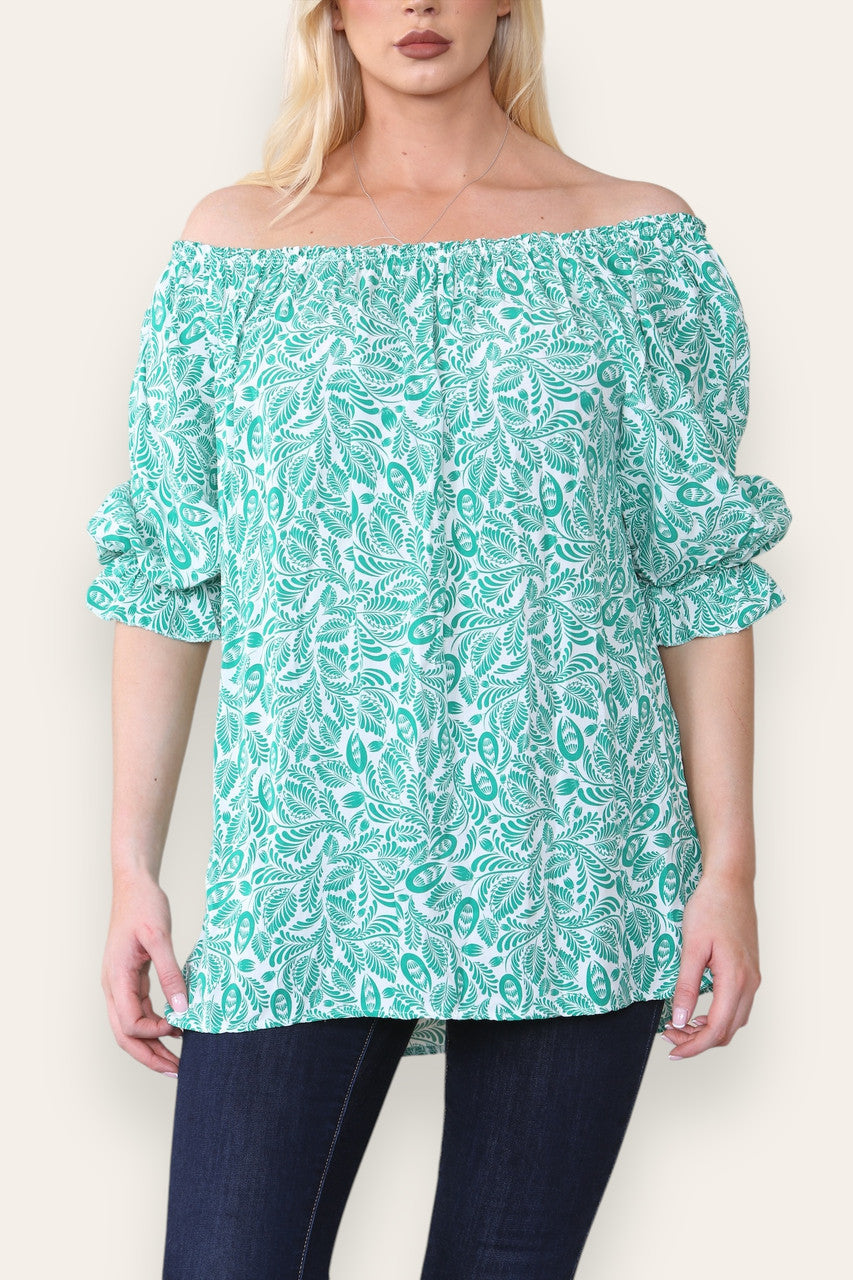 DITSY LEAF PRINT BARDOT BLOUSE TOP GREEN