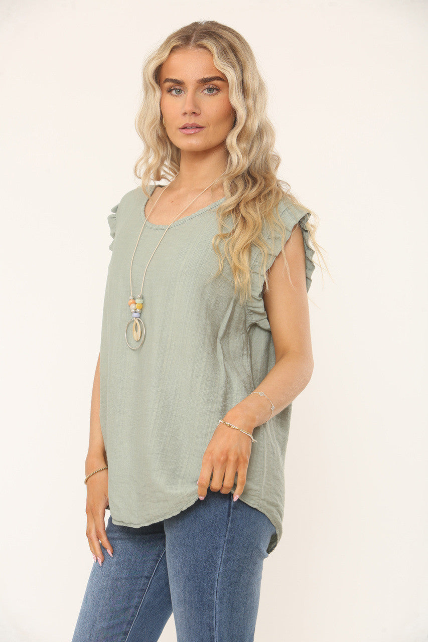 RUFFLE SLEEVE TEXTURED TOP - OLIVE GREEN