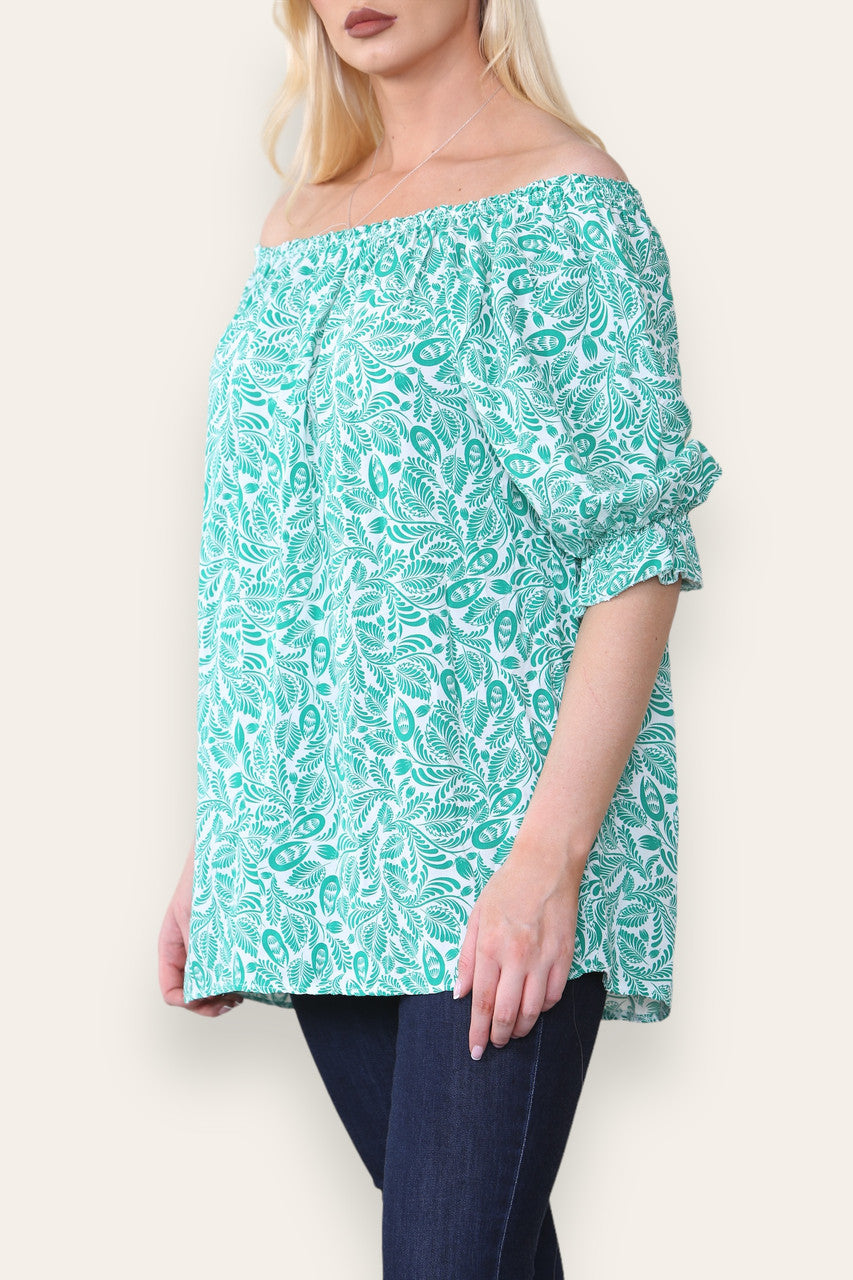 DITSY LEAF PRINT BARDOT BLOUSE TOP GREEN