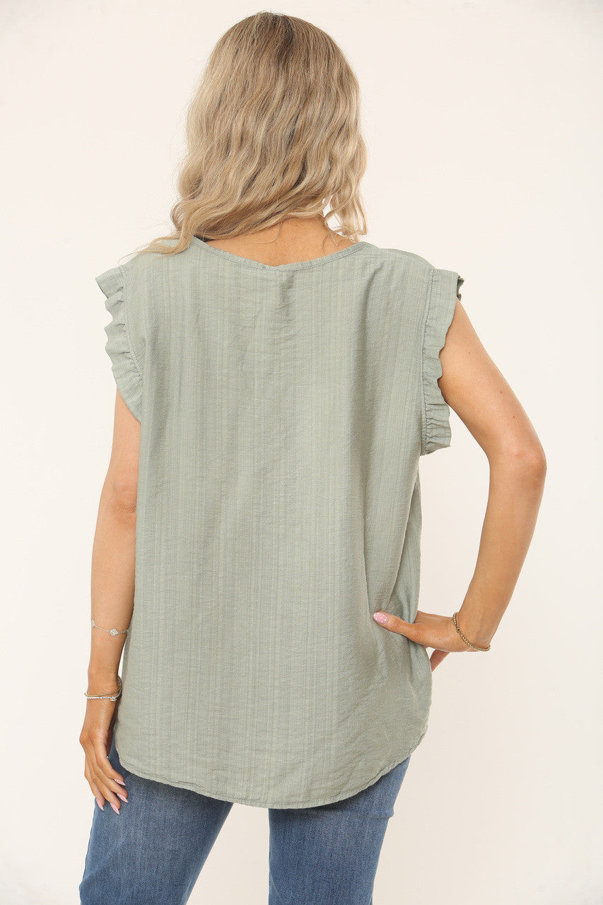 RUFFLE SLEEVE TEXTURED TOP - OLIVE GREEN