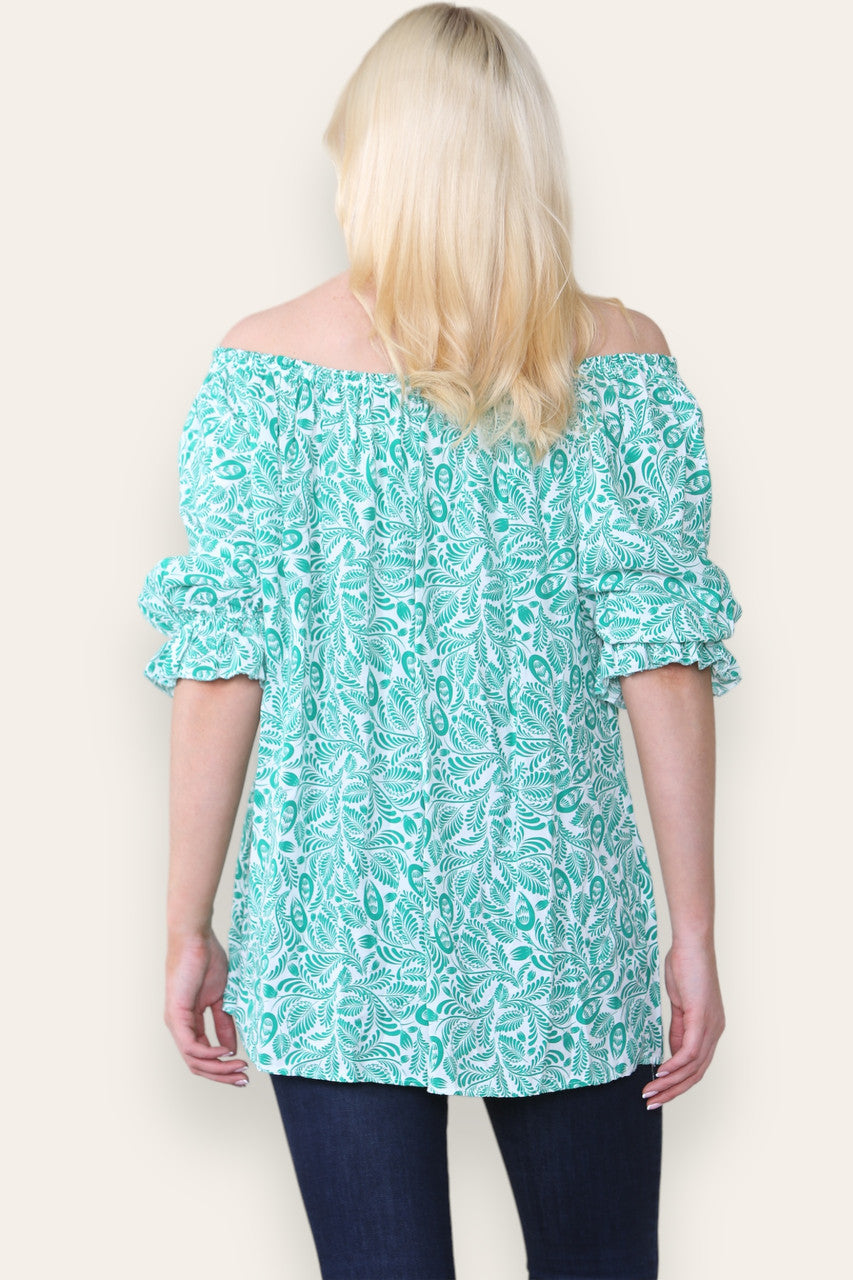 DITSY LEAF PRINT BARDOT BLOUSE TOP GREEN