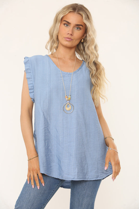 Steel blue textured top with ruffle sleeves and scoop neckline