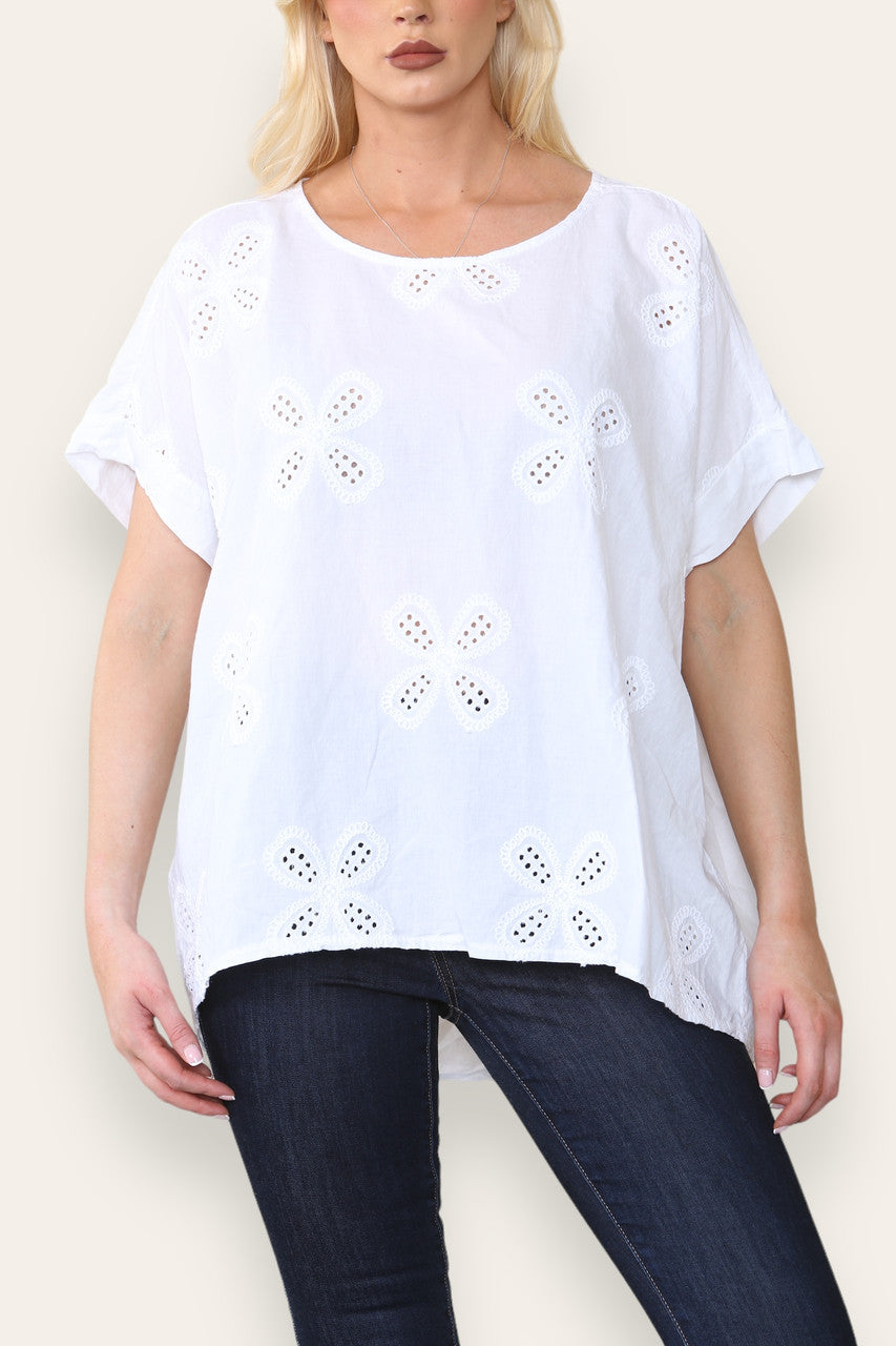 BRODERIE ANGLAISE T SHIRT STYLE TOP WHITE
