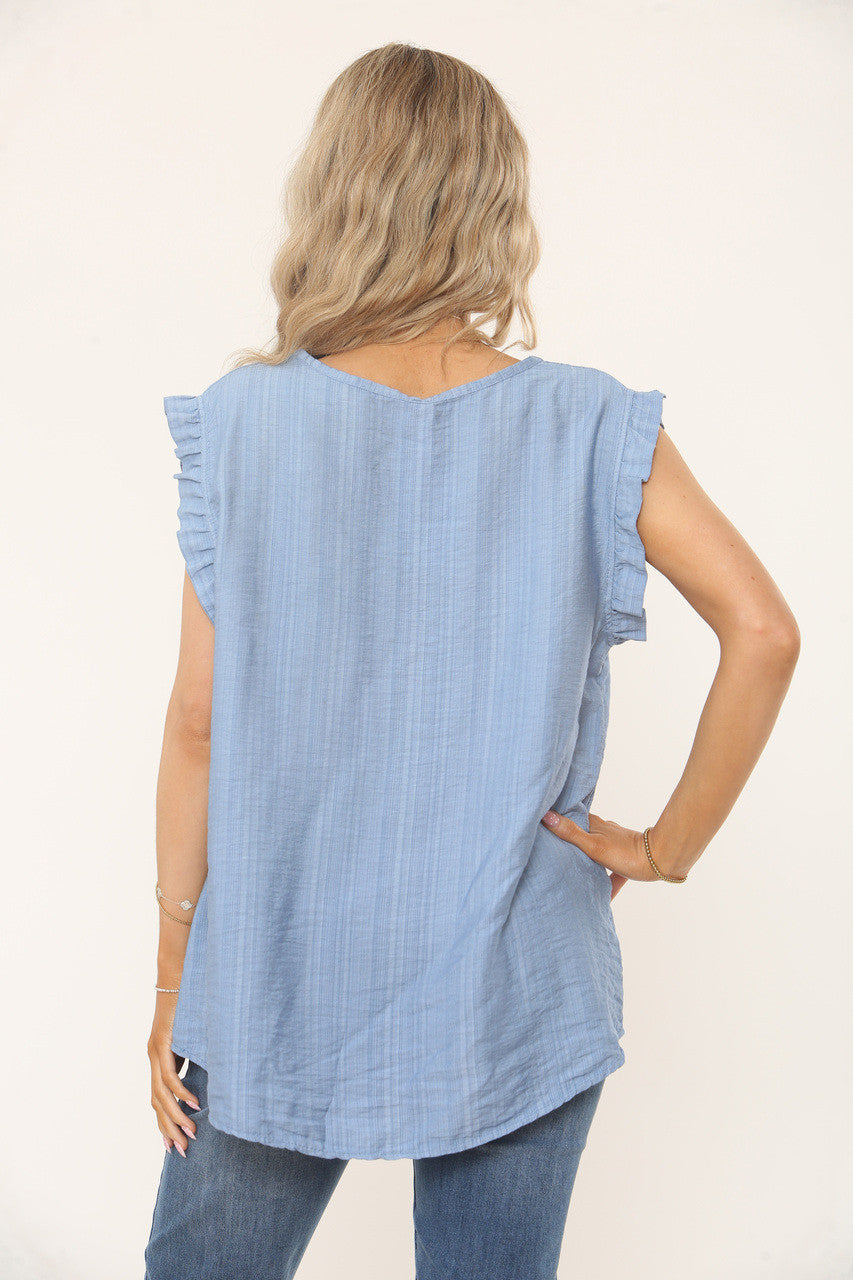 RUFFLE SLEEVE TEXTURED TOP - STEEL BLUE