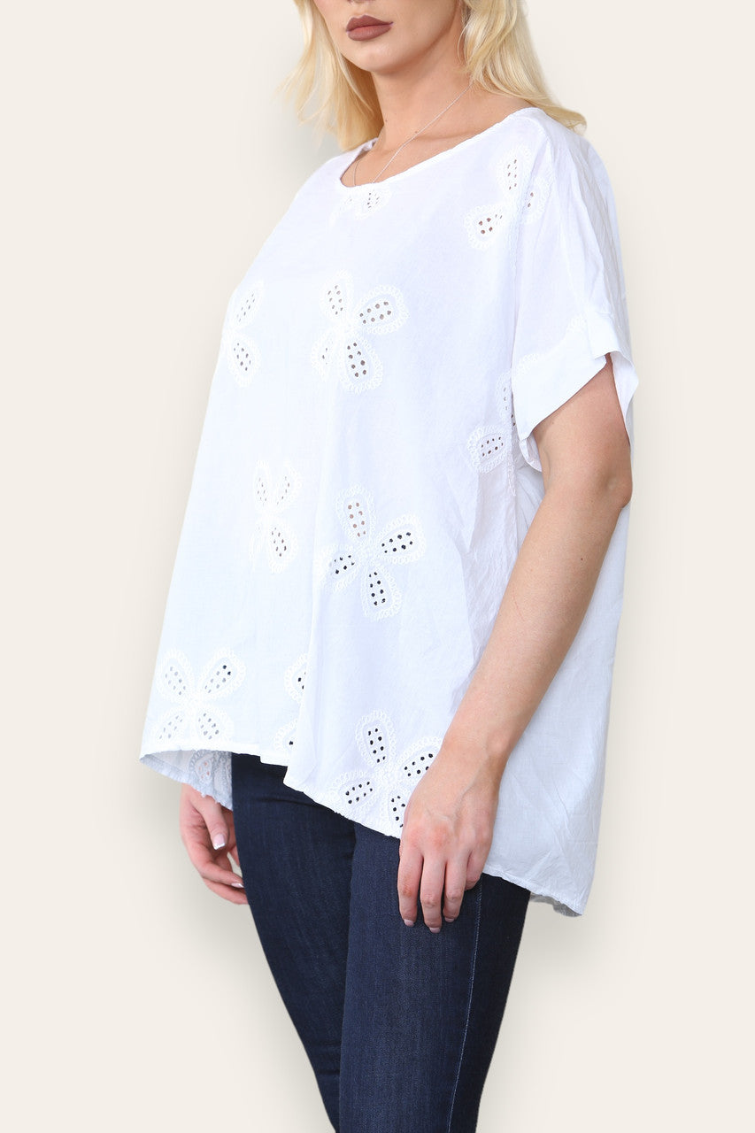 BRODERIE ANGLAISE T SHIRT STYLE TOP WHITE