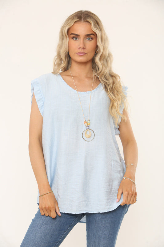 Baby blue textured top with ruffle sleeves and scoop neck, loose fit