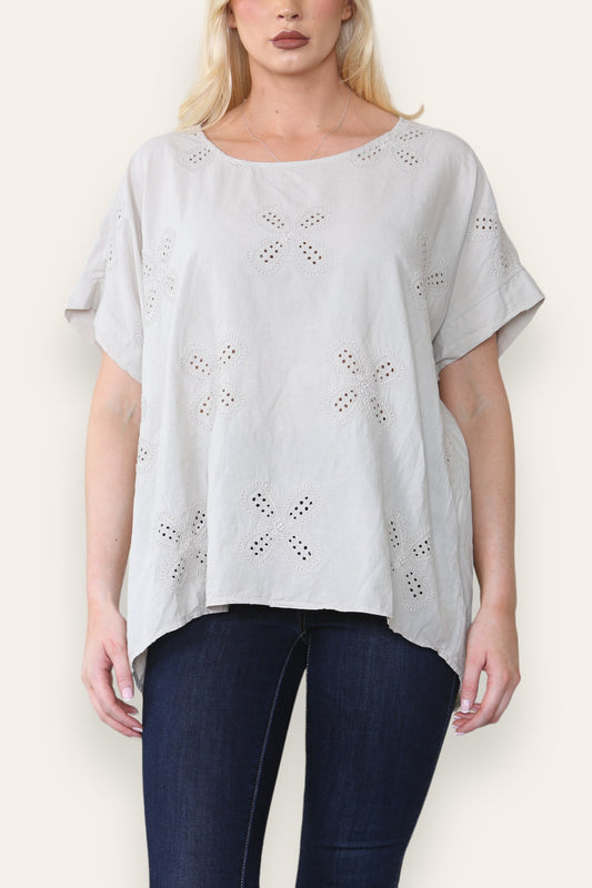 BRODERIE ANGLAISE T SHIRT STYLE TOP STONE