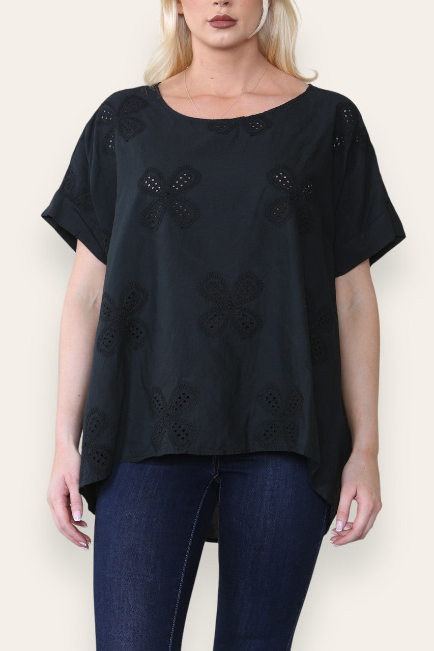 BRODERIE ANGLAISE T SHIRT STYLE TOP BLACK