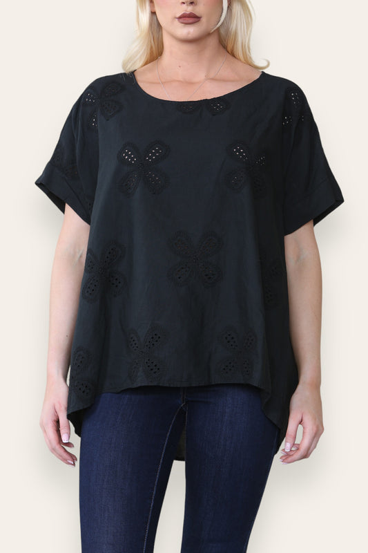 BRODERIE ANGLAISE T SHIRT STYLE TOP BLACK