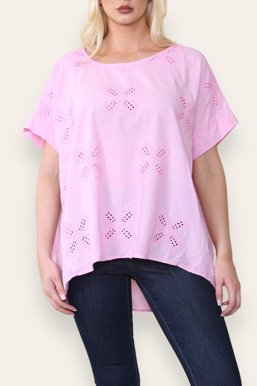 BRODERIE ANGLAISE T SHIRT STYLE TOP PINK
