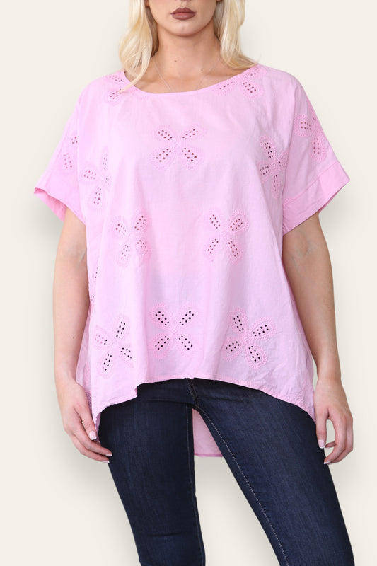 BRODERIE ANGLAISE T SHIRT STYLE TOP PINK