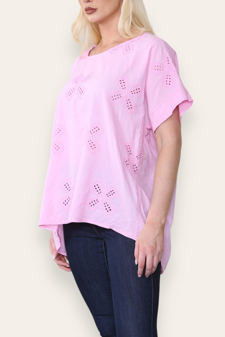 BRODERIE ANGLAISE T SHIRT STYLE TOP PINK