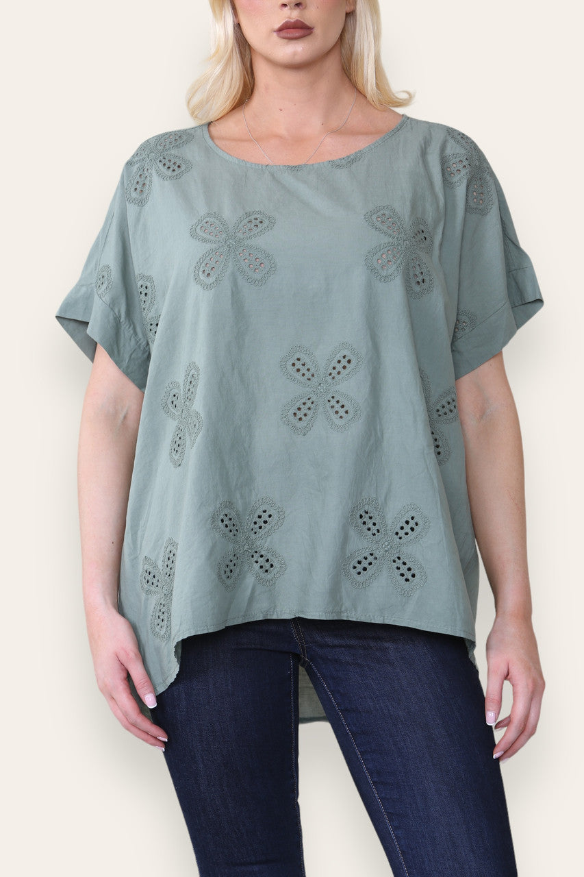 BRODERIE ANGLAISE T SHIRT STYLE TOP KHAKI