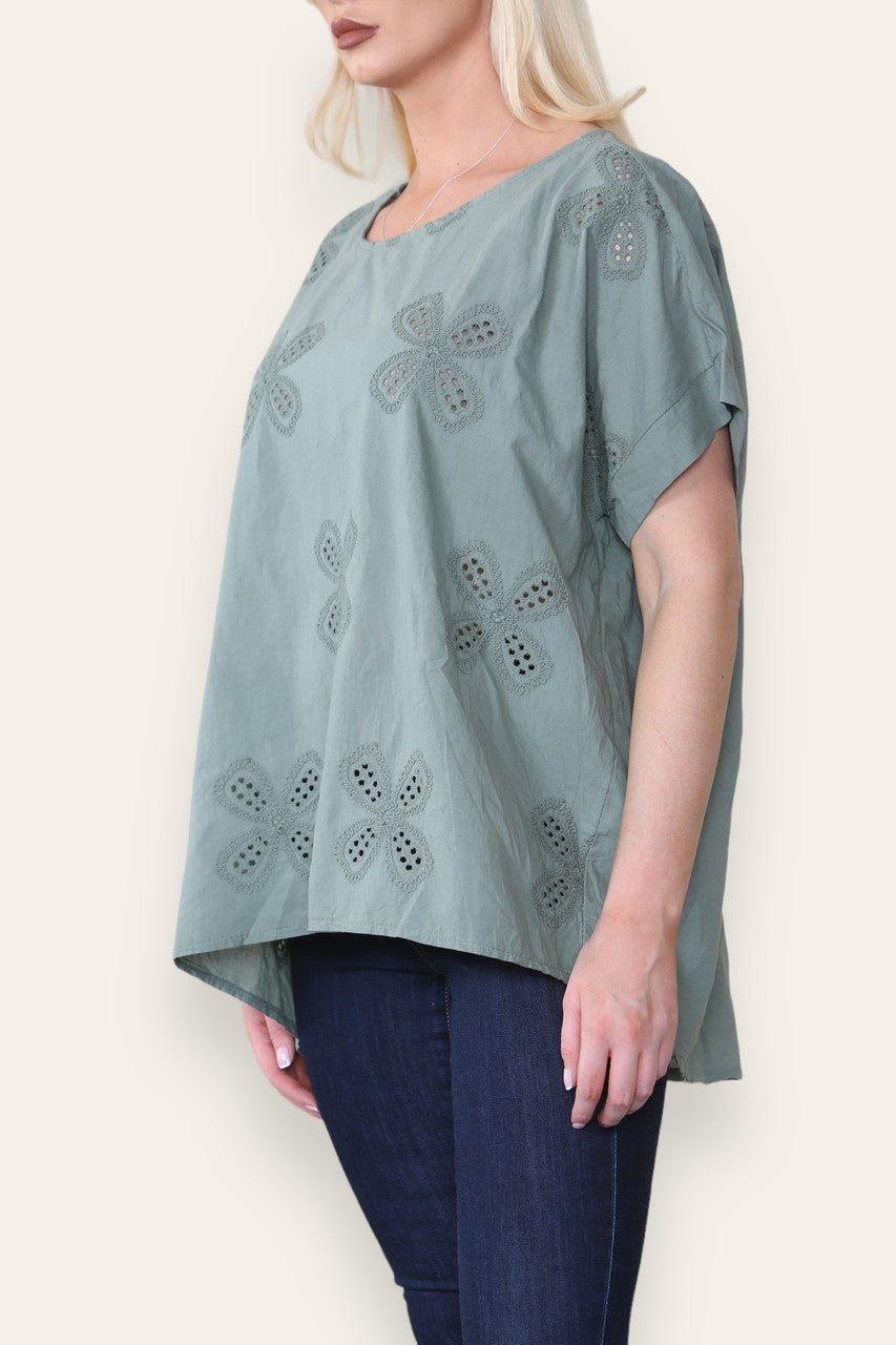 BRODERIE ANGLAISE T SHIRT STYLE TOP KHAKI
