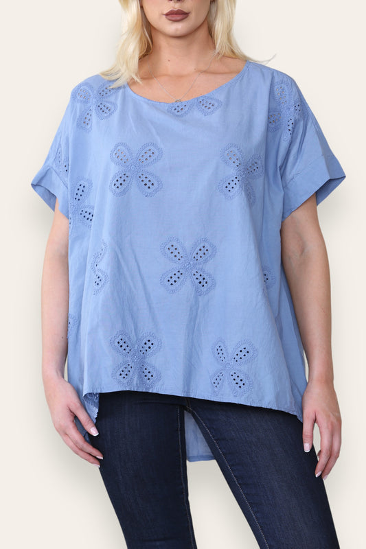 BRODERIE ANGLAISE T SHIRT STYLE TOP DENIM