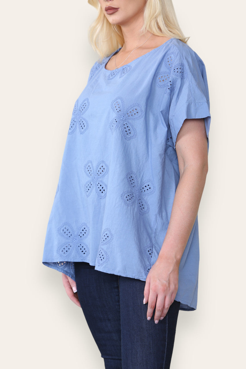 BRODERIE ANGLAISE T SHIRT STYLE TOP DENIM