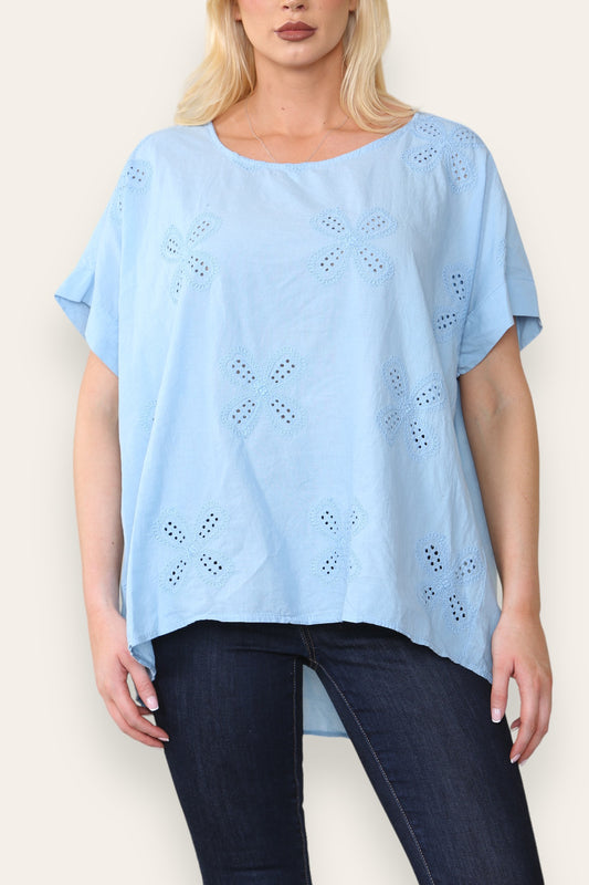 BRODERIE ANGLAISE T SHIRT STYLE TOP LIGHT BLUE