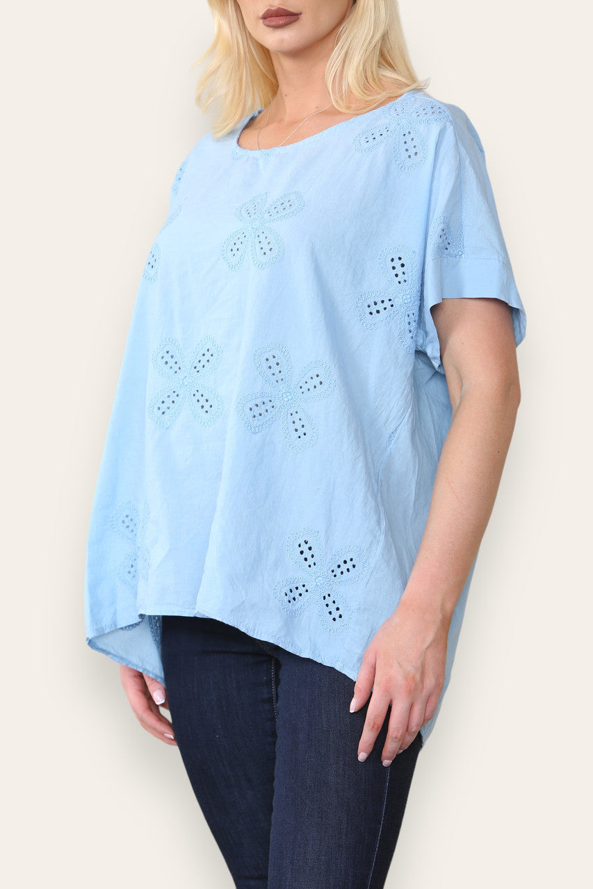 BRODERIE ANGLAISE T SHIRT STYLE TOP LIGHT BLUE