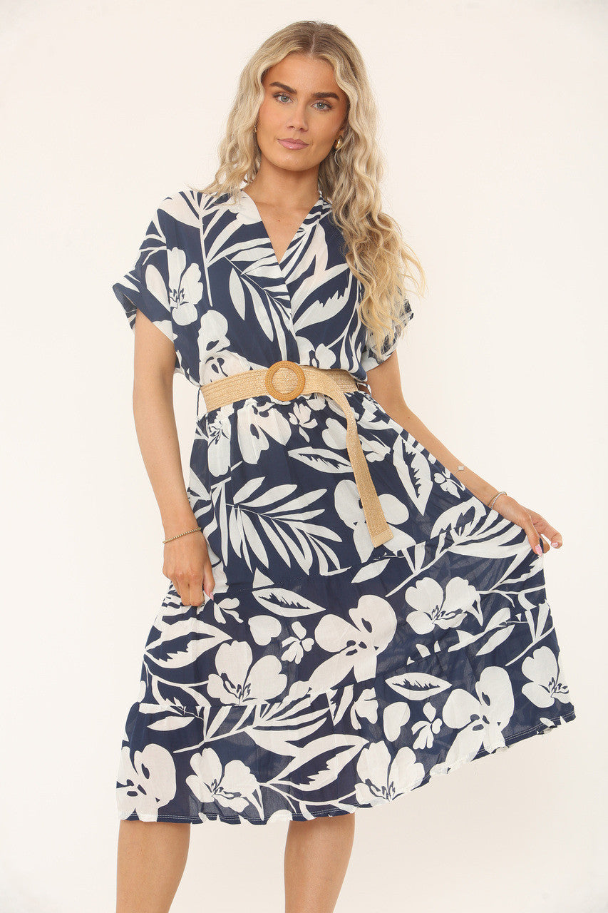 MIDI JURK MET TROPISCHE BLADPRINT EN CEINTUUR - NAVY
