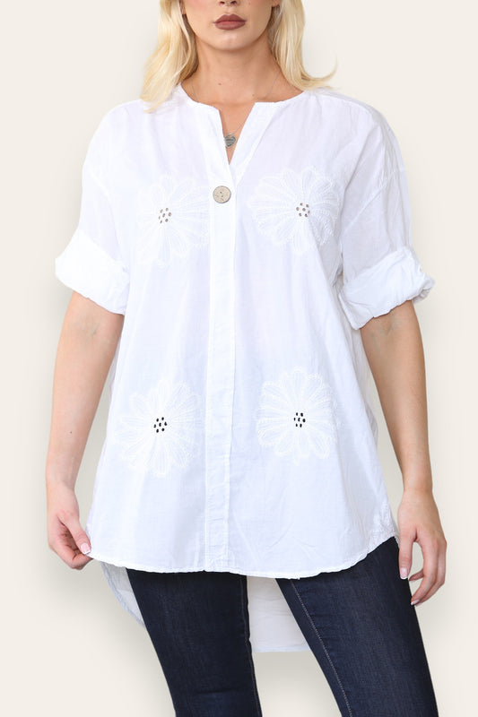 BRODERIE ANGLAISE NOTCH NECK SHIRT TOP WHITE