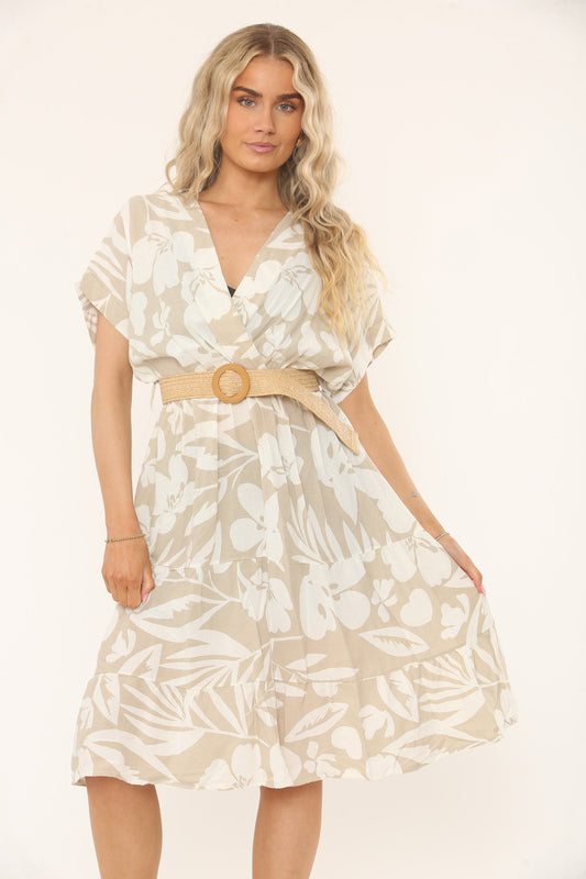 TROPISCHE JURK MET BLADERENPRINT EN CEINTUUR - NATUURBEIGE