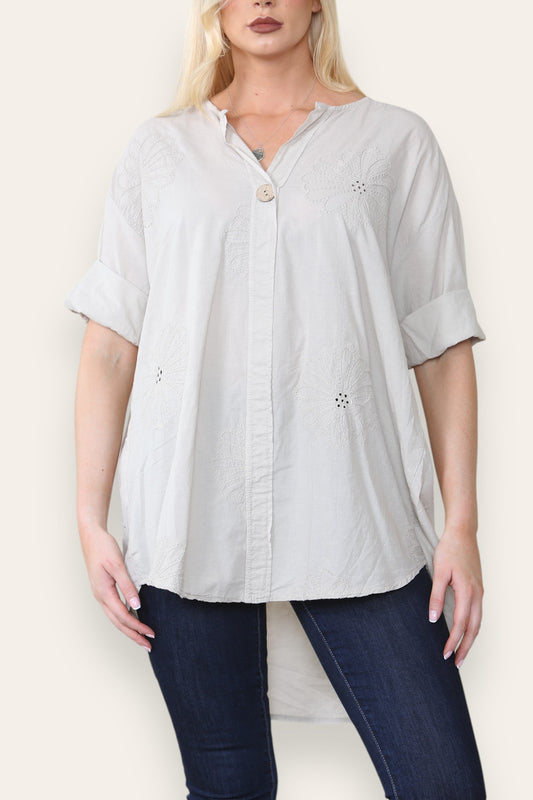 BRODERIE ANGLAISE NOTCH NECK SHIRT TOP STONE