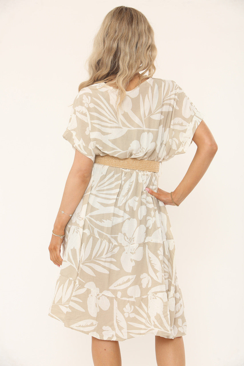 TROPICAL LEAF PRINT BELTED MIDI DRESS - NATURAL BEIGE
