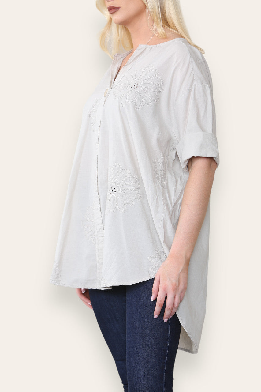 BRODERIE ANGLAISE SHIRT MET INHAM HALS STEENKLEUR