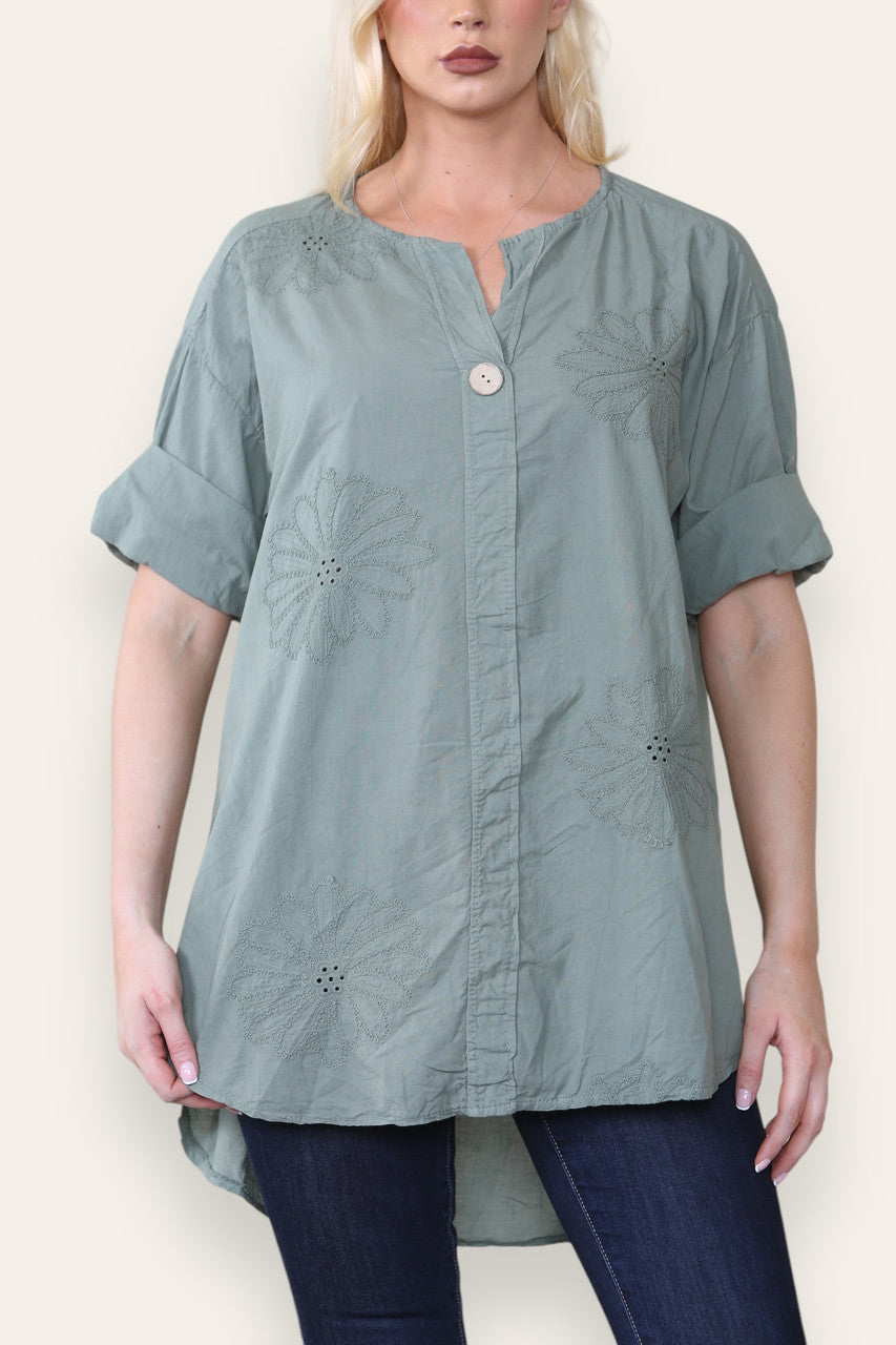 BRODERIE ANGLAISE SHIRT TOP MET INSNIJDING IN DE HALS KHAKI