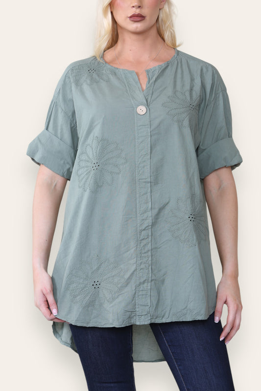 BRODERIE ANGLAISE NOTCH NECK SHIRT TOP KHAKI