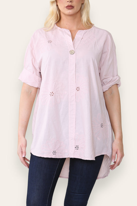 BRODERIE ANGLAISE NOTCH NECK SHIRT TOP DUSTY PINK
