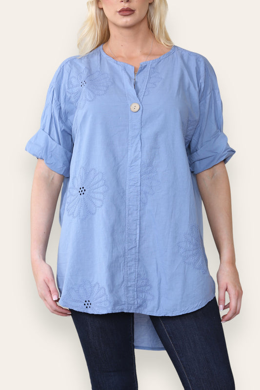 BRODERIE ANGLAISE NOTCH NECK SHIRT TOP DENIM