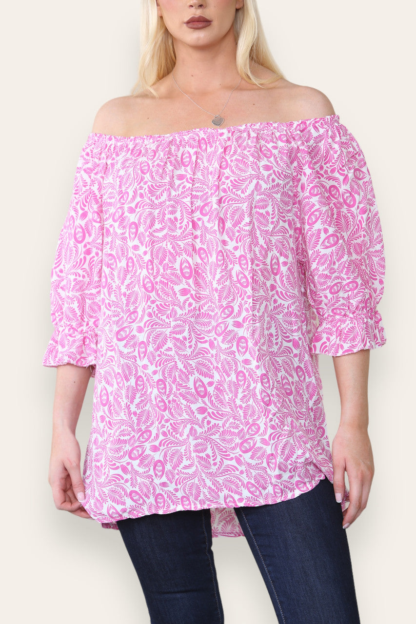 DITSY LEAF PRINT BARDOT BLOUSE TOP CERISE