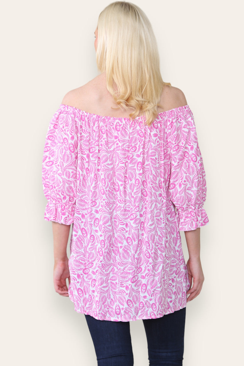 DITSY LEAF PRINT BARDOT BLOUSE TOP CERISE
