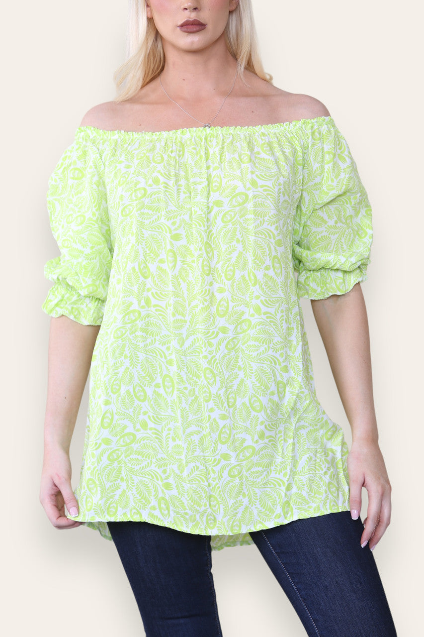 DITSY LEAF PRINT BARDOT BLOUSE TOP LIME