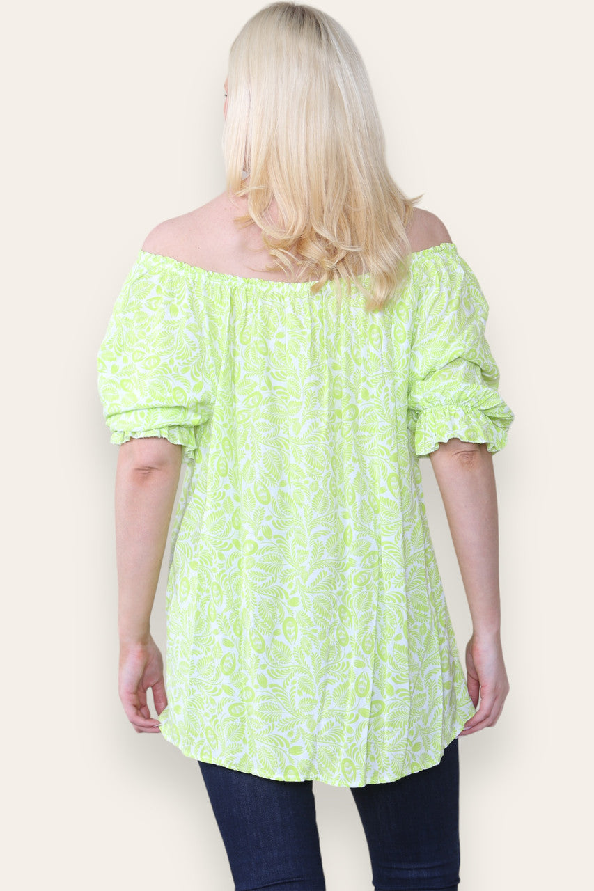 DITSY LEAF PRINT BARDOT BLOUSE TOP LIME