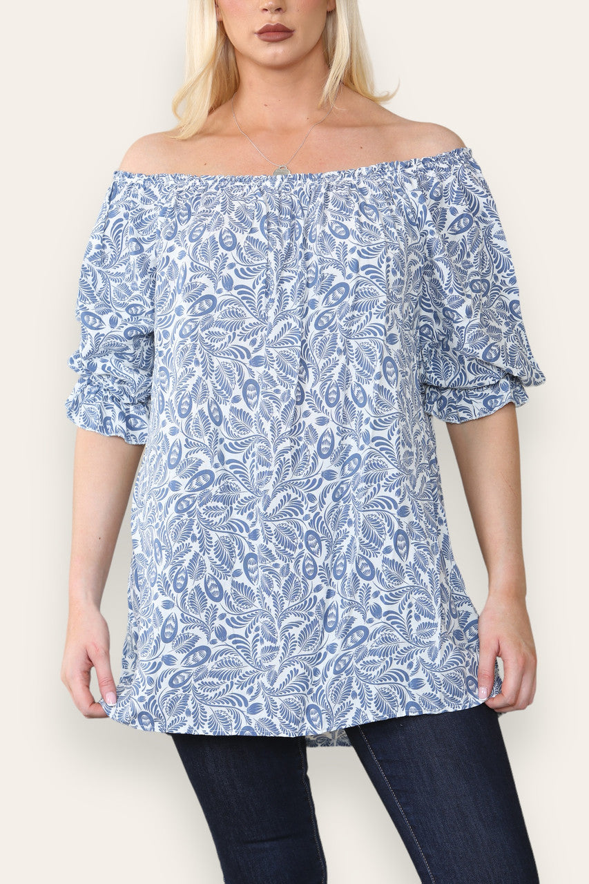 DITSY LEAF PRINT BARDOT BLOUSE TOP DENIM