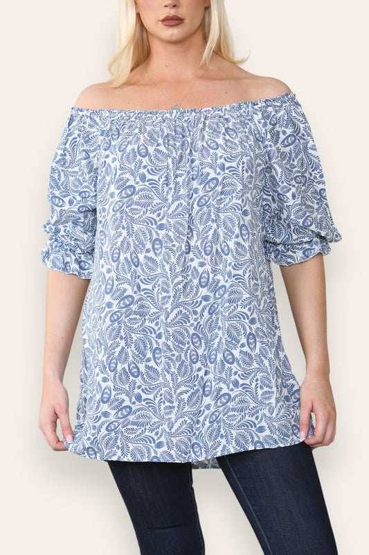DITSY LEAF PRINT BARDOT BLOUSE TOP DENIM