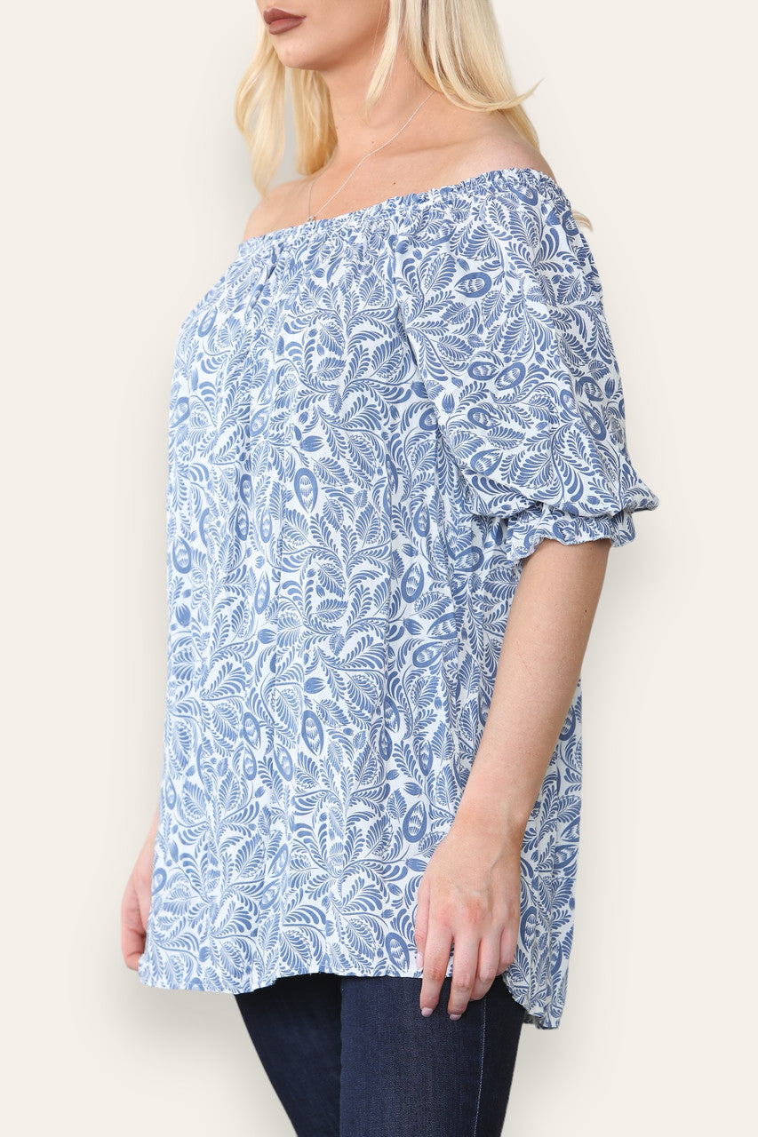 DITSY LEAF PRINT BARDOT BLOUSE TOP DENIM