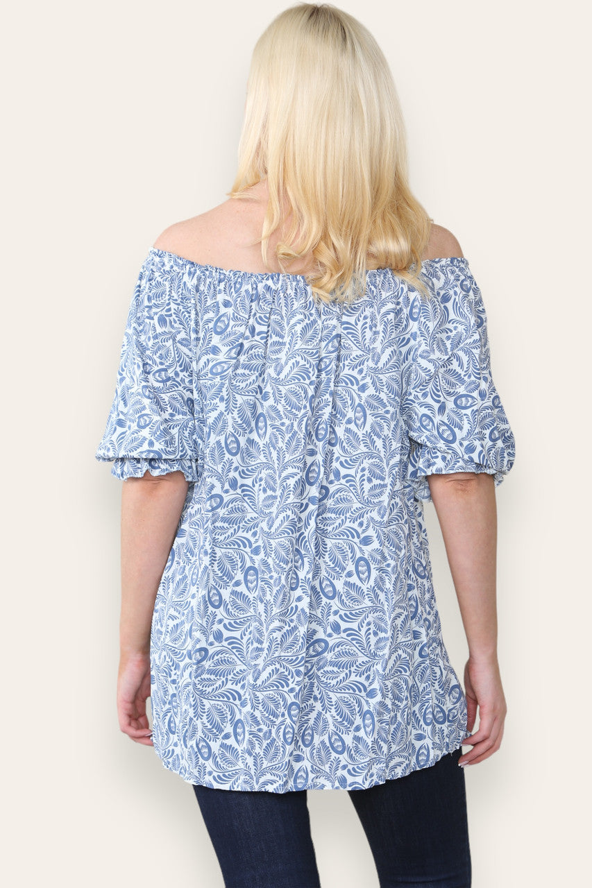 DITSY LEAF PRINT BARDOT BLOUSE TOP DENIM